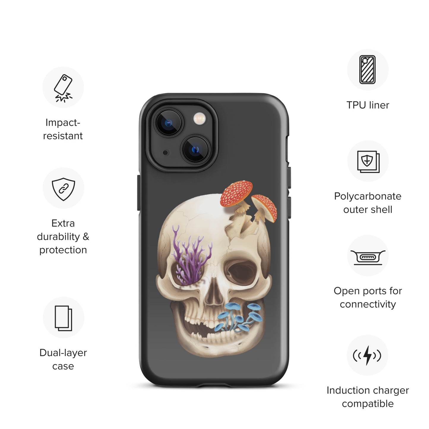 A dark grey tough phone case for an Apple iPhone 13 mini with a glossy finish featuring a human skull with various fungi growing out of it