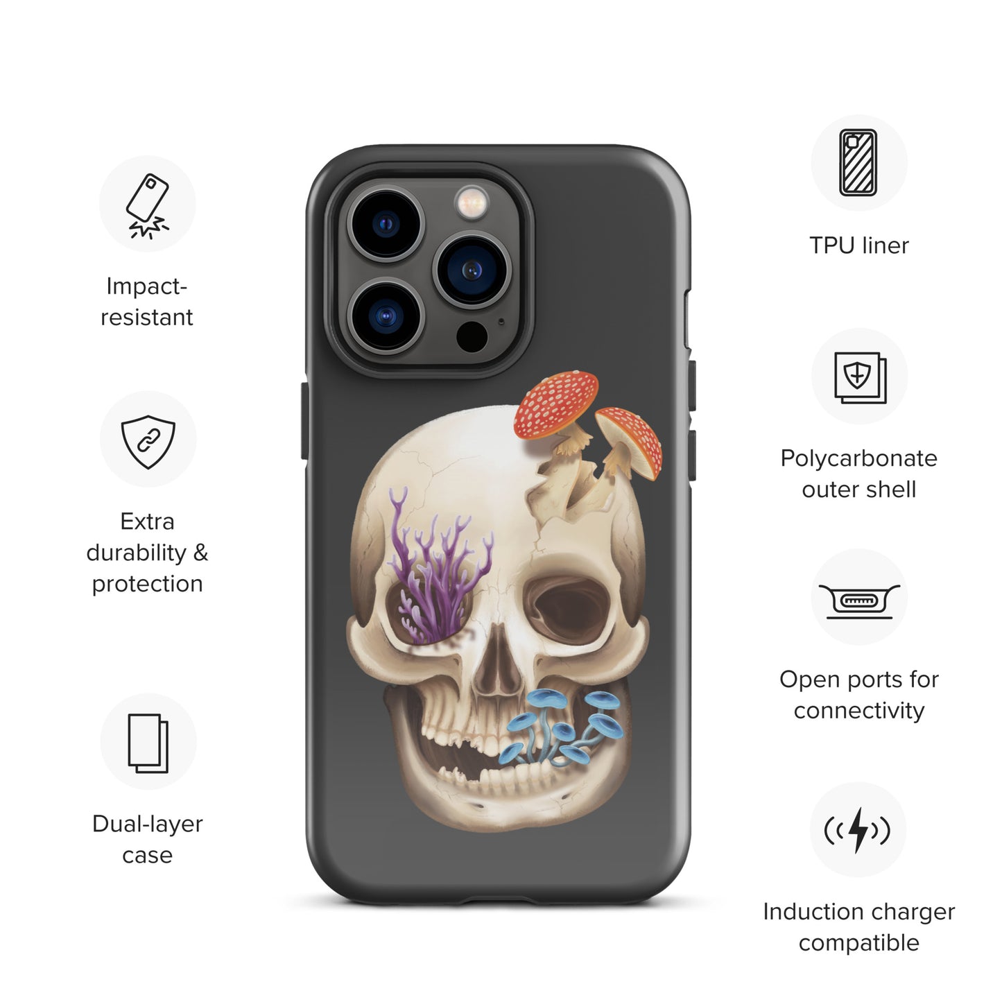 A dark grey tough phone case for an Apple iPhone 13 pro with a glossy finish featuring a human skull with various fungi growing out of it
