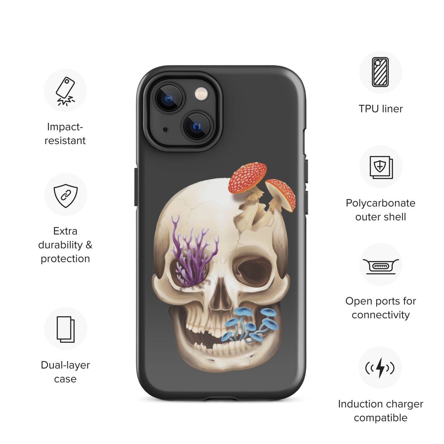 A dark grey tough phone case for an Apple iPhone 14 with a glossy finish featuring a human skull with various fungi growing out of it