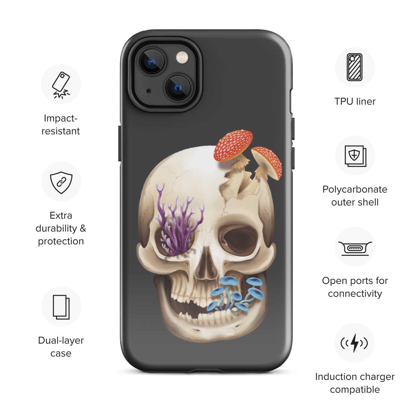 A dark grey tough phone case for an Apple iPhone 14 plus with a glossy finish featuring a human skull with various fungi growing out of it