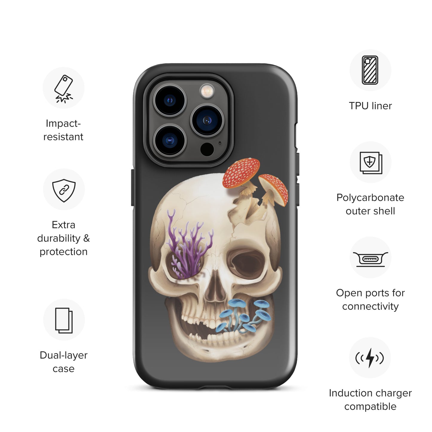 A dark grey tough phone case for an Apple iPhone 14 pro with a glossy finish featuring a human skull with various fungi growing out of it