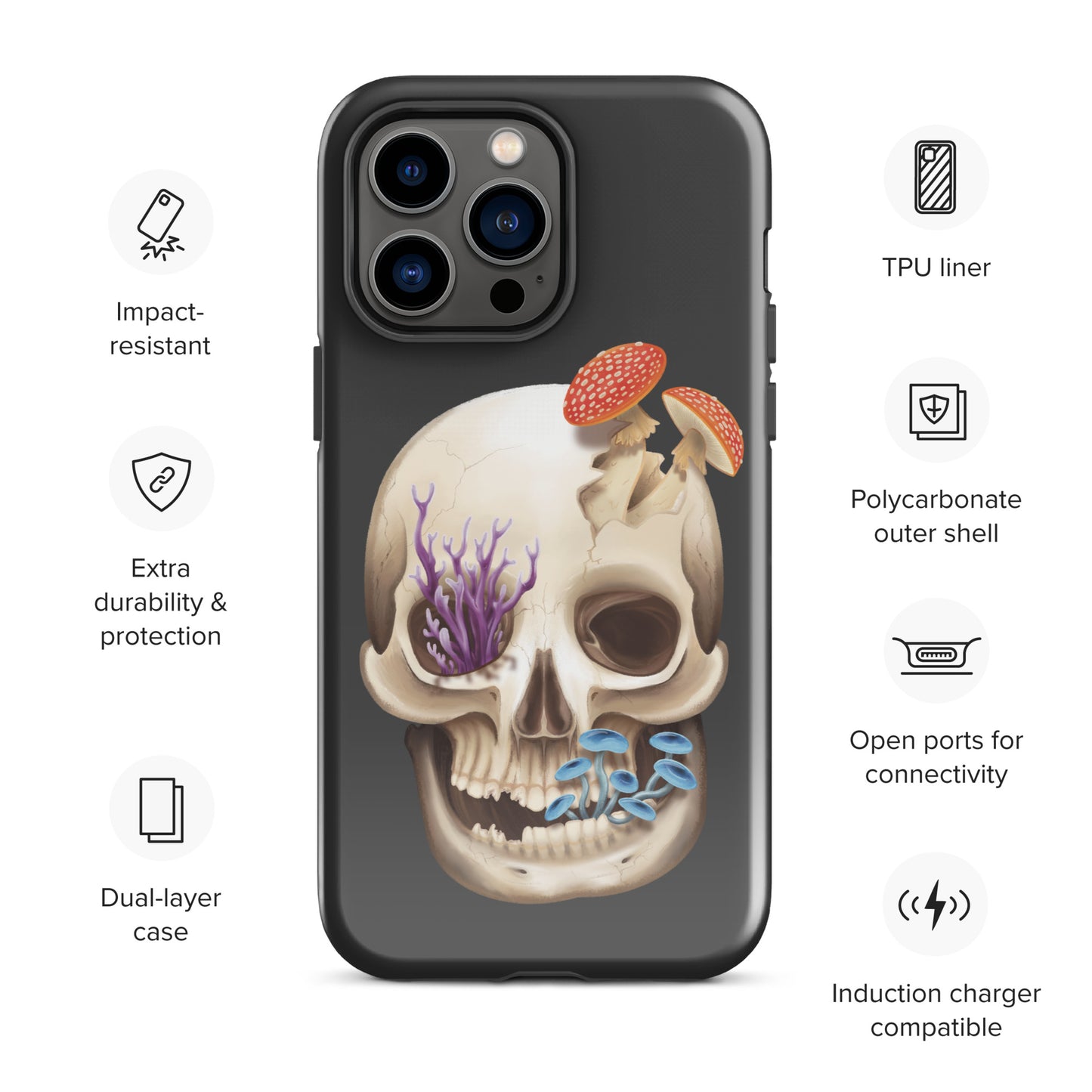 A dark grey tough phone case for an Apple iPhone 14 pro max with a glossy finish featuring a human skull with various fungi growing out of it