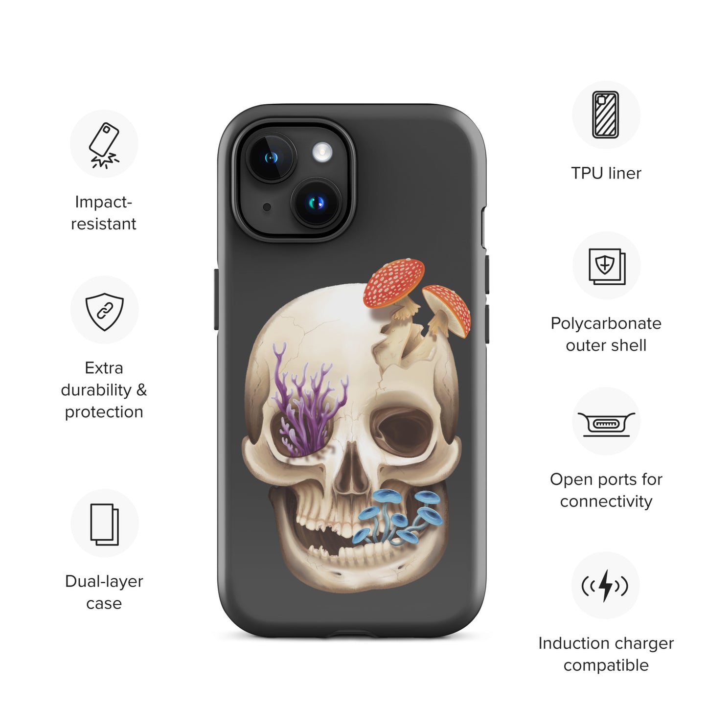 A dark grey tough phone case for an Apple iPhone 15 with a glossy finish featuring a human skull with various fungi growing out of it