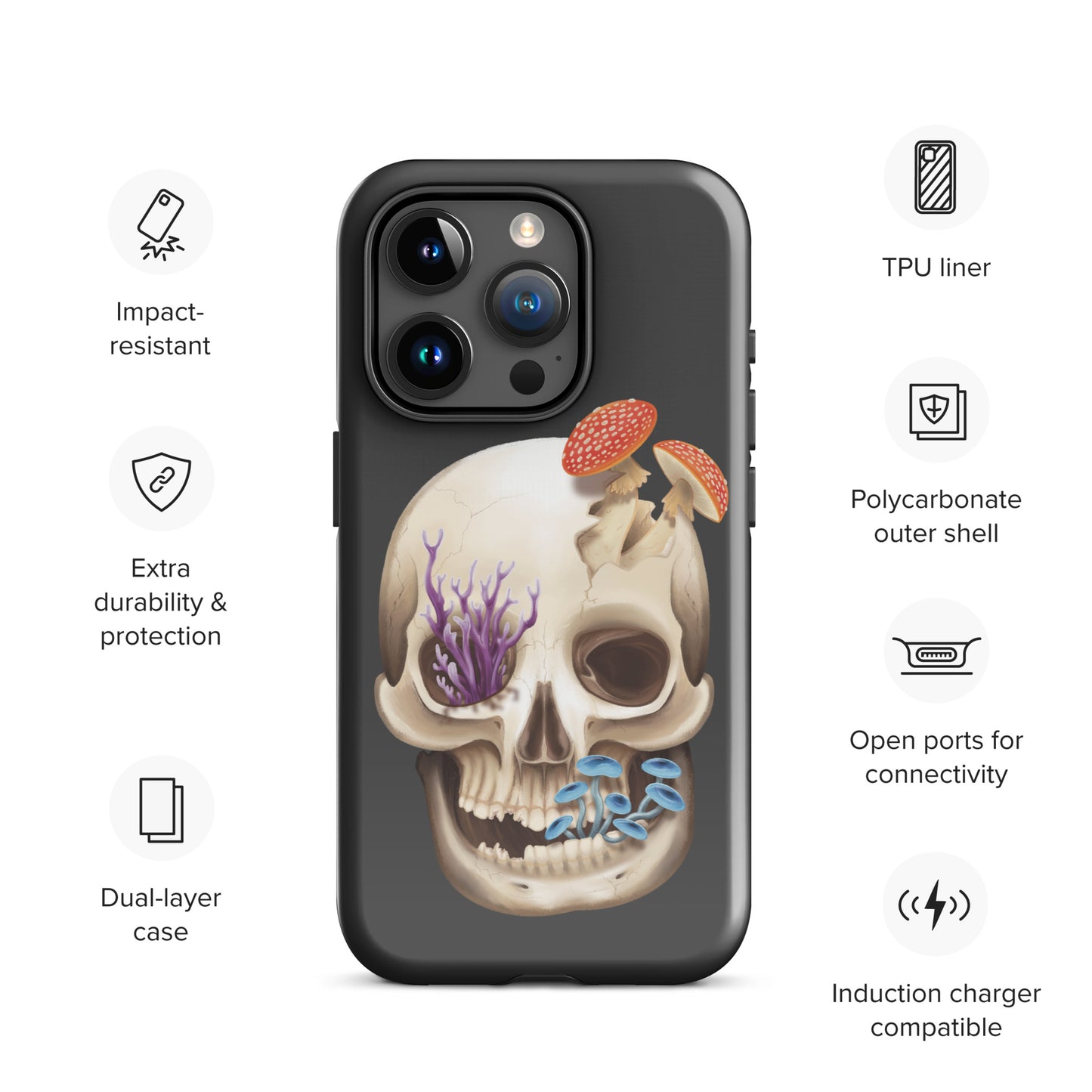 A dark grey tough phone case for an Apple iPhone 15 pro with a glossy finish featuring a human skull with various fungi growing out of it