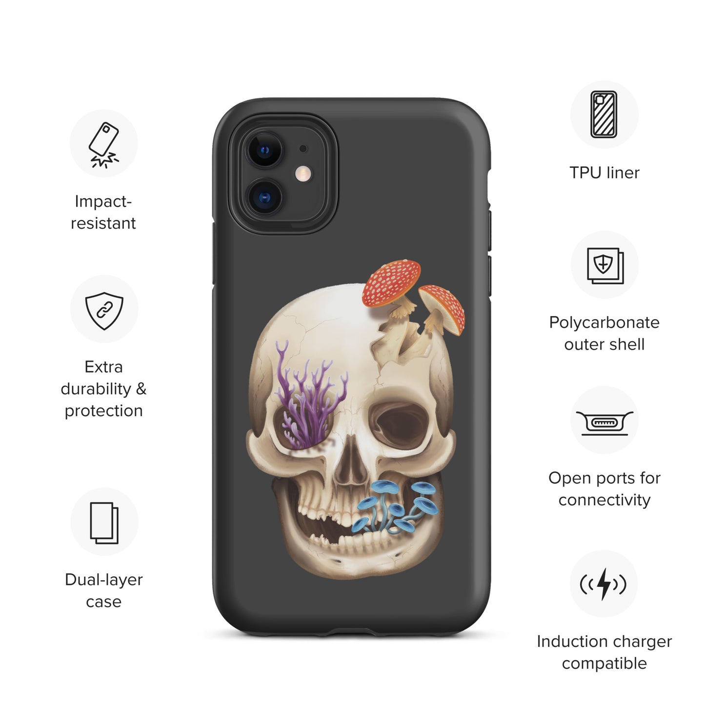 A dark grey tough phone case for an Apple iPhone 11 with a matte finish featuring a human skull with various fungi growing out of it