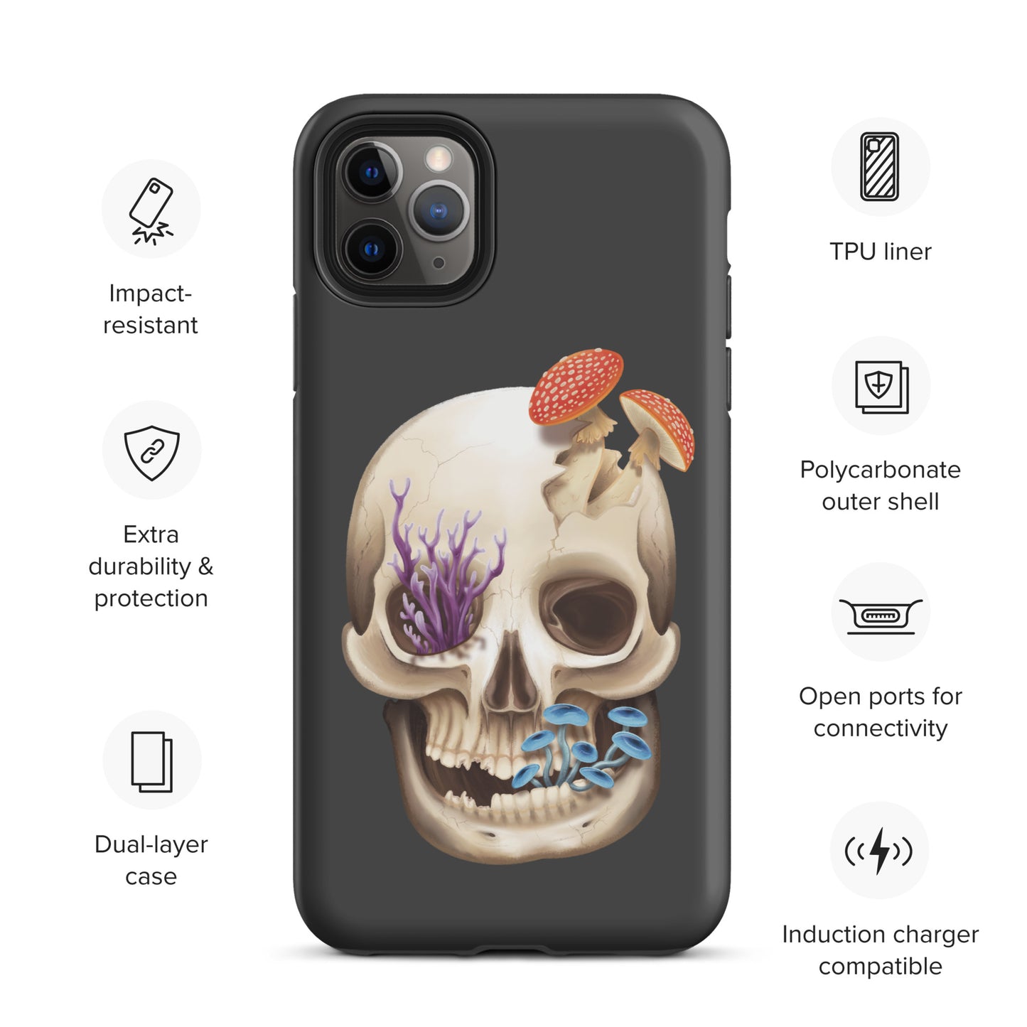 A dark grey tough phone case for an Apple iPhone 11 pro max with a matte finish featuring a human skull with various fungi growing out of it