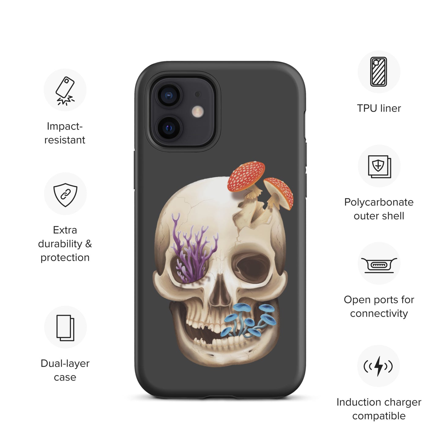 A dark grey tough phone case for an Apple iPhone 12 with a matte finish featuring a human skull with various fungi growing out of it