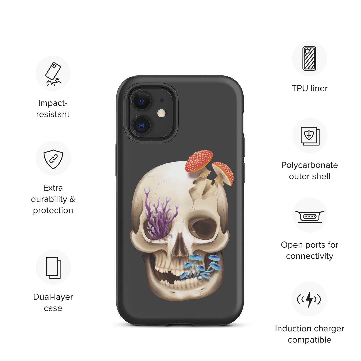 A dark grey tough phone case for an Apple iPhone 12 mini with a matte finish featuring a human skull with various fungi growing out of it