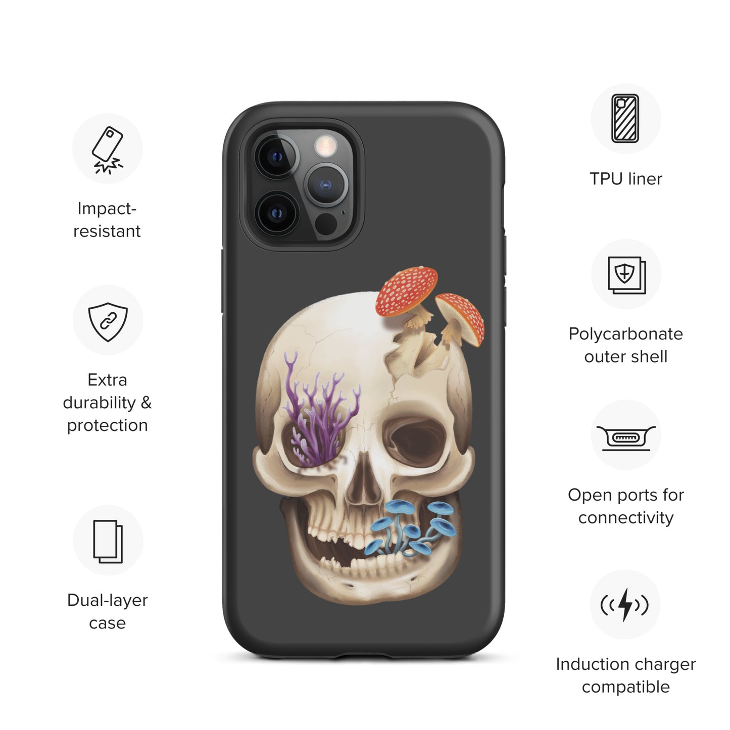A dark grey tough phone case for an Apple iPhone 12 pro with a matte finish featuring a human skull with various fungi growing out of it