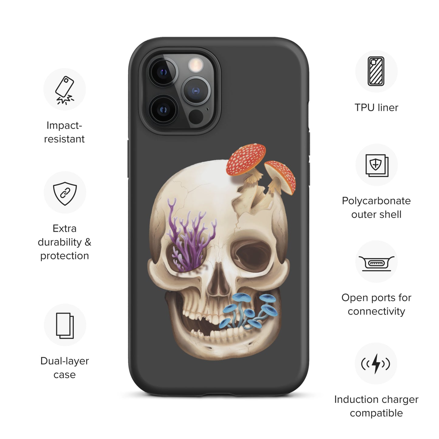 A dark grey tough phone case for an Apple iPhone 12 pro max with a matte finish featuring a human skull with various fungi growing out of it