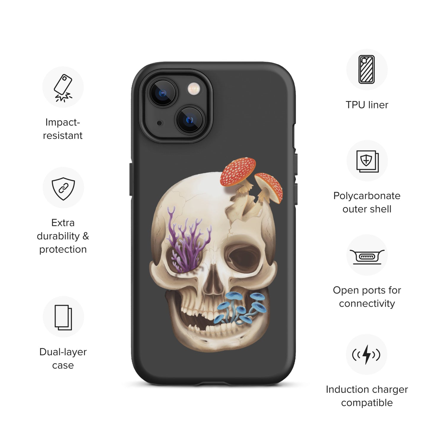 A dark grey tough phone case for an Apple iPhone 13 with a matte finish featuring a human skull with various fungi growing out of it