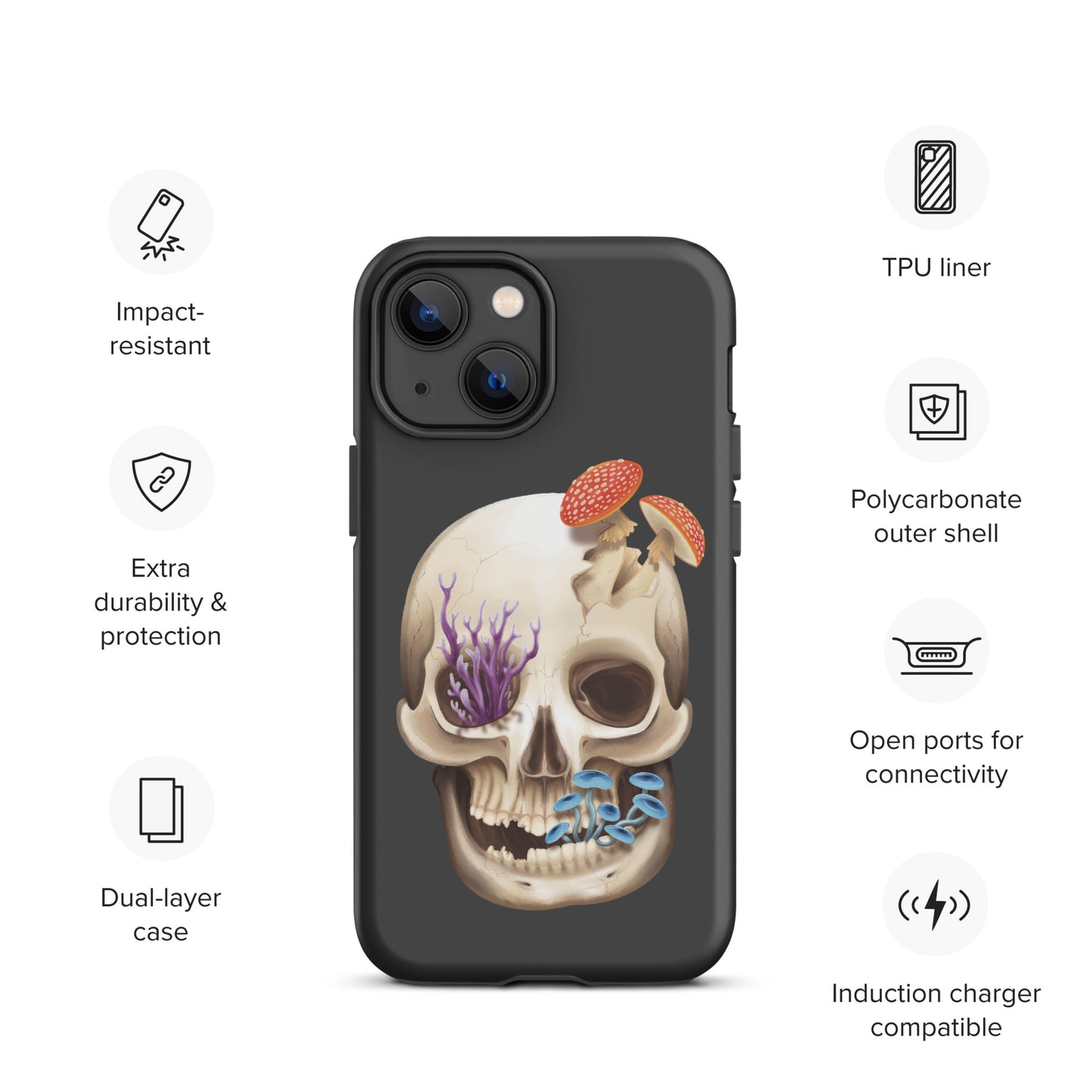 A dark grey tough phone case for an Apple iPhone 13 mini with a matte finish featuring a human skull with various fungi growing out of it
