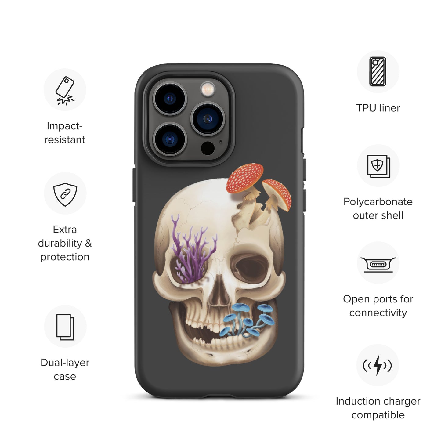 A dark grey tough phone case for an Apple iPhone 13 pro with a matte finish featuring a human skull with various fungi growing out of it