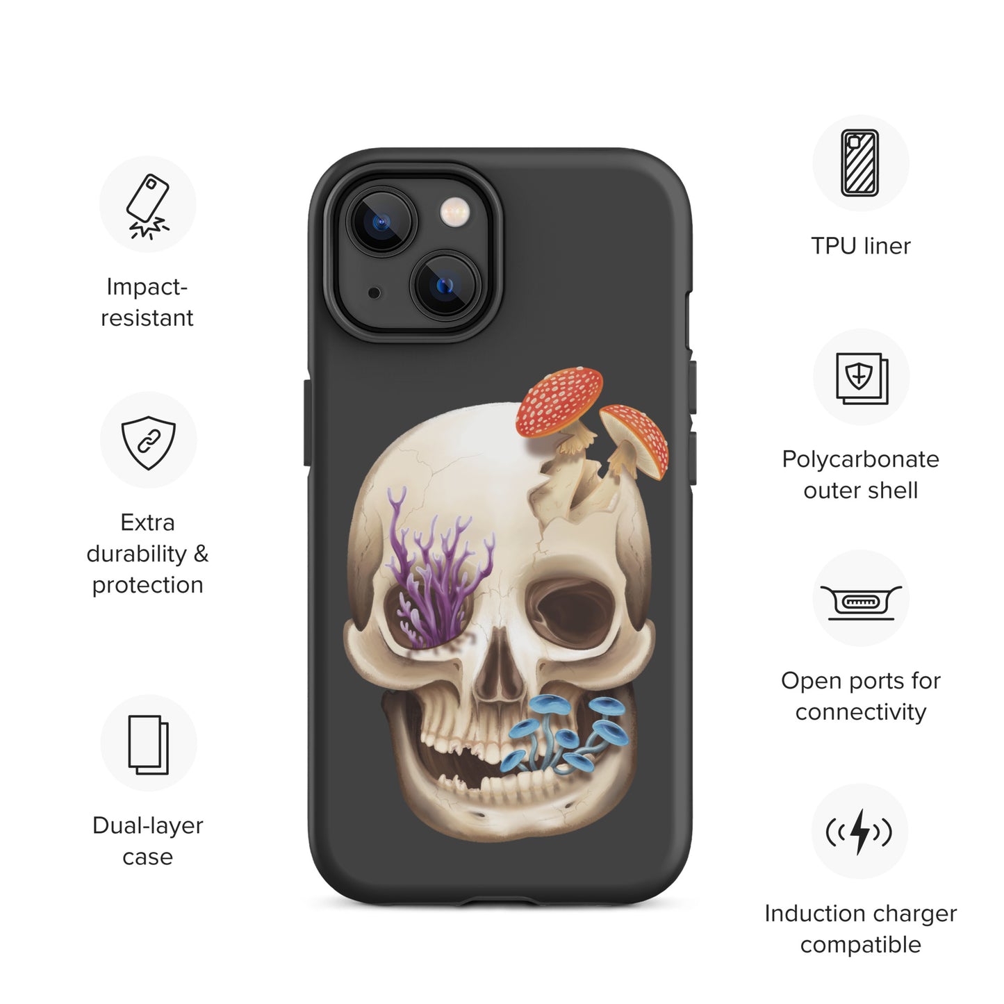 A dark grey tough phone case for an Apple iPhone 14 with a matte finish featuring a human skull with various fungi growing out of it