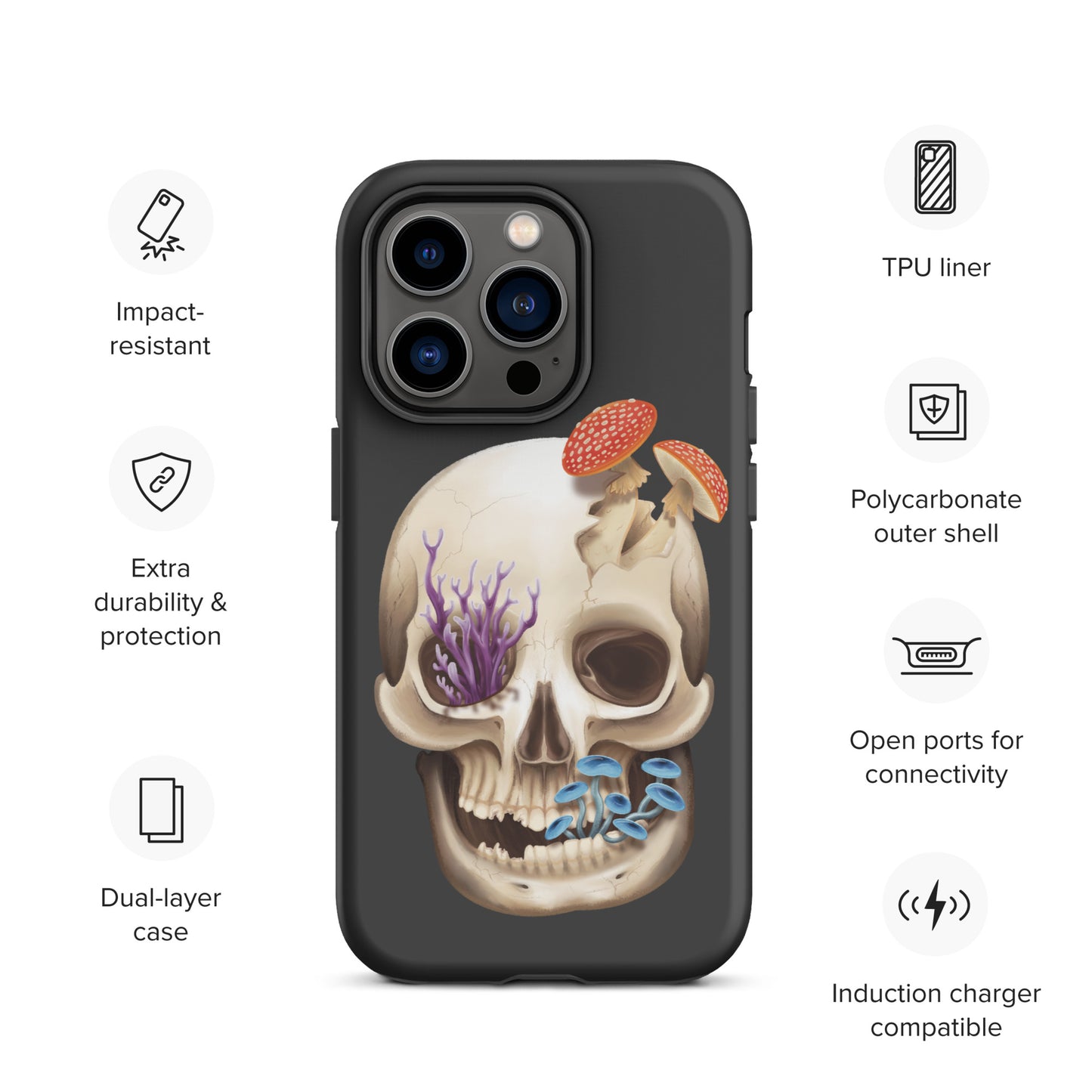 A dark grey tough phone case for an Apple iPhone 14 pro with a matte finish featuring a human skull with various fungi growing out of it
