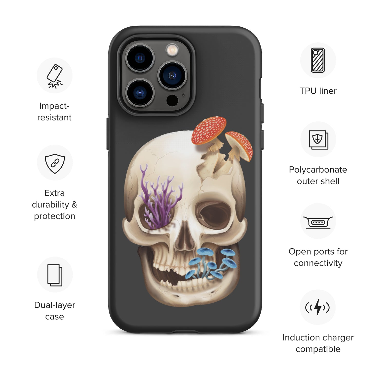 A dark grey tough phone case for an Apple iPhone 14 pro max with a matte finish featuring a human skull with various fungi growing out of it