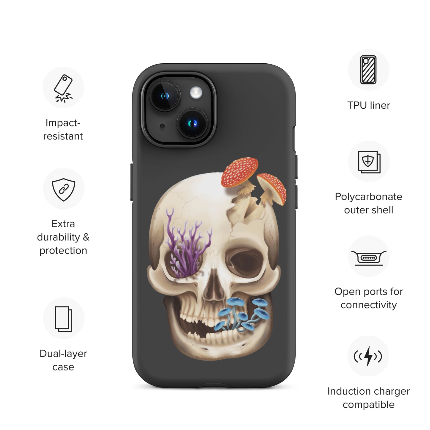 A dark grey tough phone case for an Apple iPhone 15 with a matte finish featuring a human skull with various fungi growing out of it