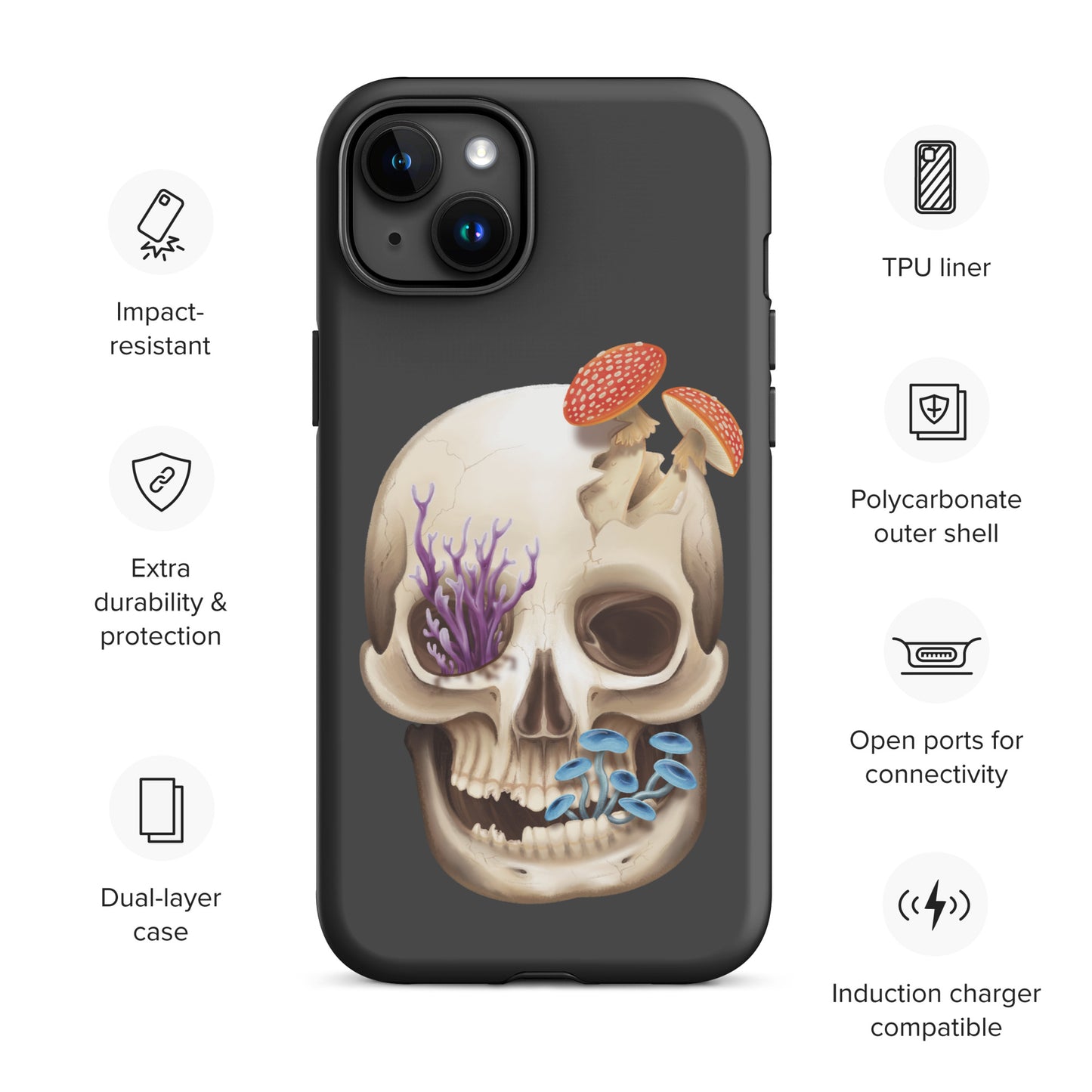 A dark grey tough phone case for an Apple iPhone 15 plus with a matte finish featuring a human skull with various fungi growing out of it
