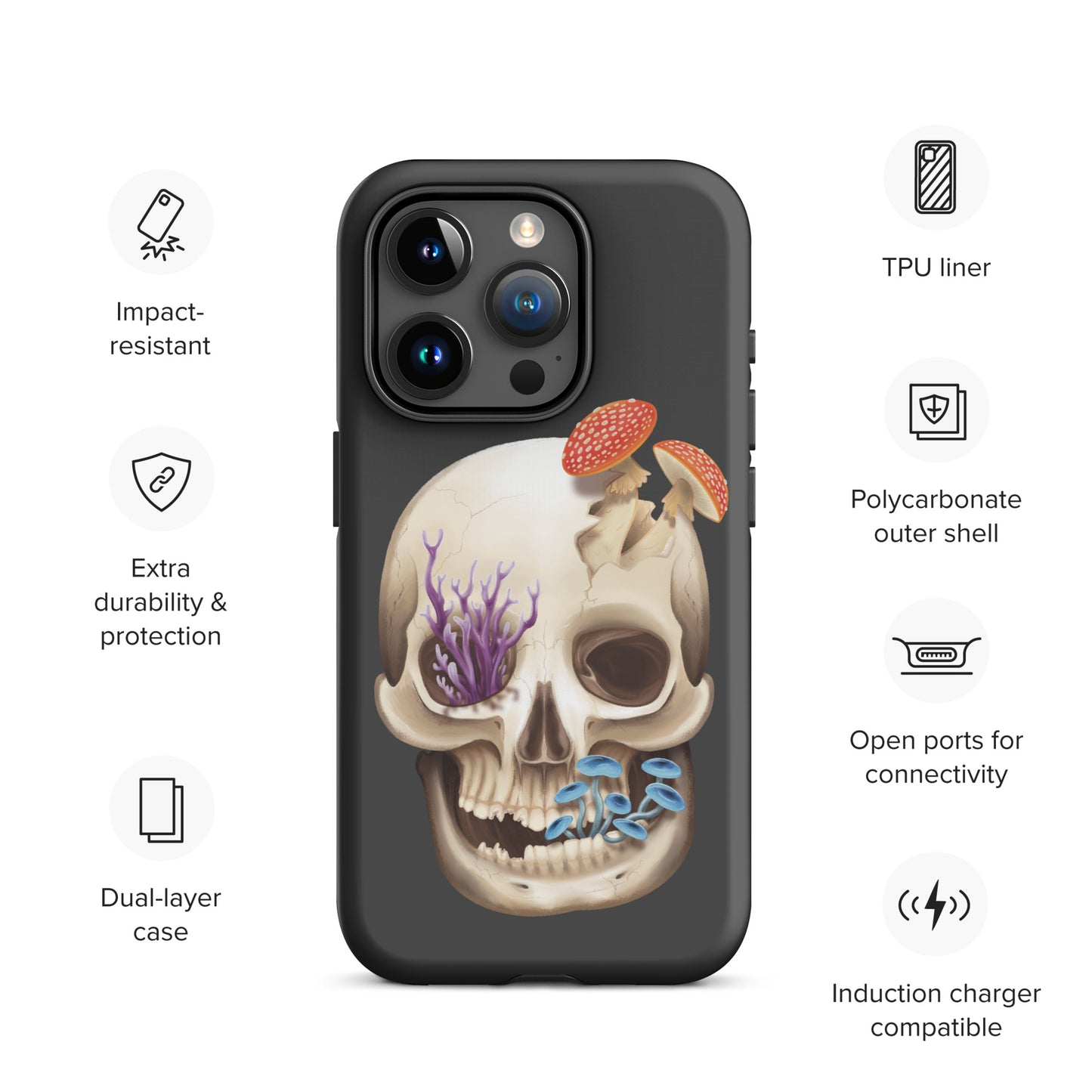 A dark grey tough phone case for an Apple iPhone 15 pro with a matte finish featuring a human skull with various fungi growing out of it