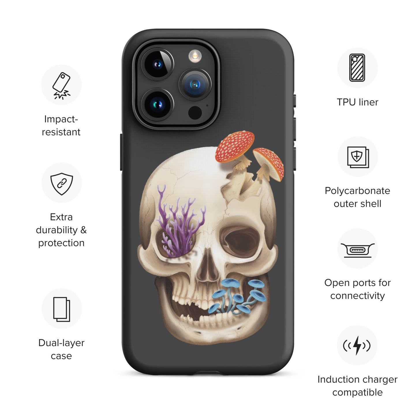 A dark grey tough phone case for an Apple iPhone 15 pro max with a matte finish featuring a human skull with various fungi growing out of it