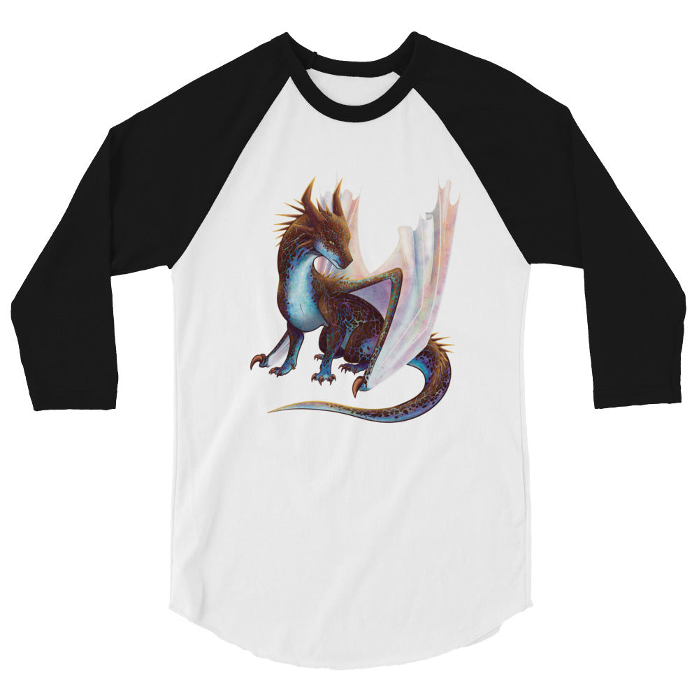 Unisex, white shirt with black 3/4 length sleeves featuring a sitting, side profile of a dragon that has the features of a boulder opal with hues of blue, green, purple, and pink on the underbelly and cracks of the rough, brown hue, rock scales. The wings are tucked back and are of an iridescent shimmery hue