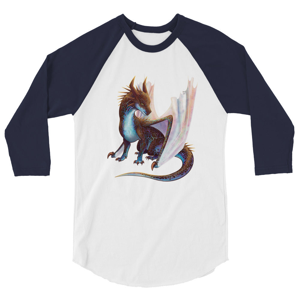 Unisex, white shirt with navy blue 3/4 length sleeves featuring a sitting, side profile of a dragon that has the features of a boulder opal with hues of blue, green, purple, and pink on the underbelly and cracks of the rough, brown hue, rock scales. The wings are tucked back and are of an iridescent shimmery hue