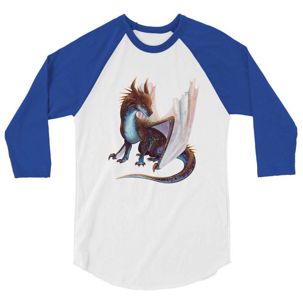 Unisex, white shirt with royal blue 3/4 length sleeves featuring a sitting, side profile of a dragon that has the features of a boulder opal with hues of blue, green, purple, and pink on the underbelly and cracks of the rough, brown hue, rock scales. The wings are tucked back and are of an iridescent shimmery hue