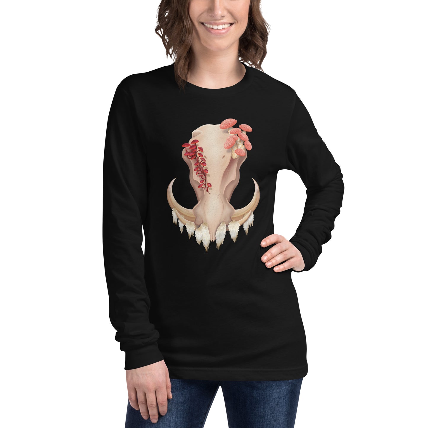 An adult wearing a black, unisex, long sleeve shirt featuring a front facing warthog skull with 3 different kinds of fungi growing out of it