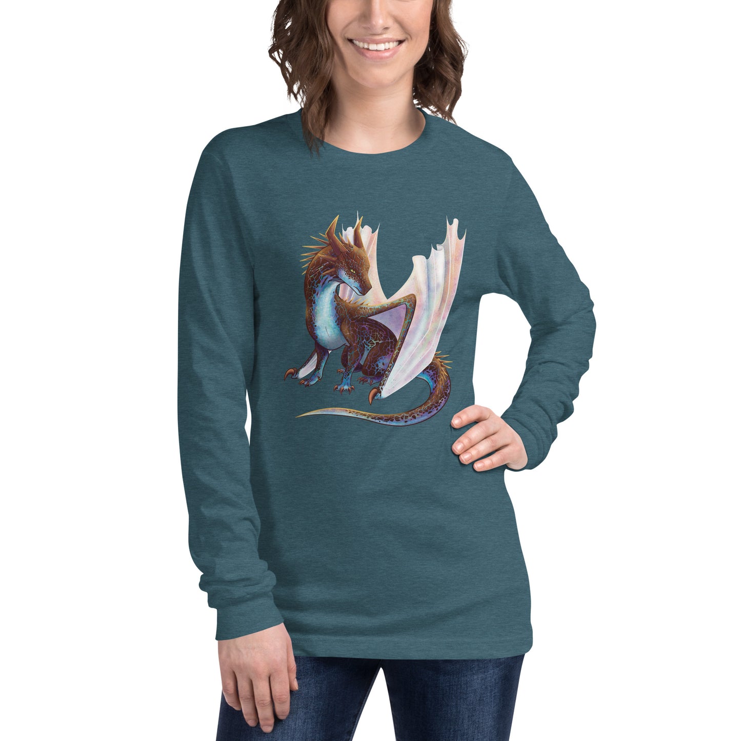 Unisex, heather deep teal in color adult long sleeve shirt featuring a sitting, side profile of a dragon that has the features of a boulder opal with hues of blue, green, purple, and pink on the underbelly and cracks of the rough, brown hue, rock scales. The wings are tucked back and are of an iridescent shimmery hue