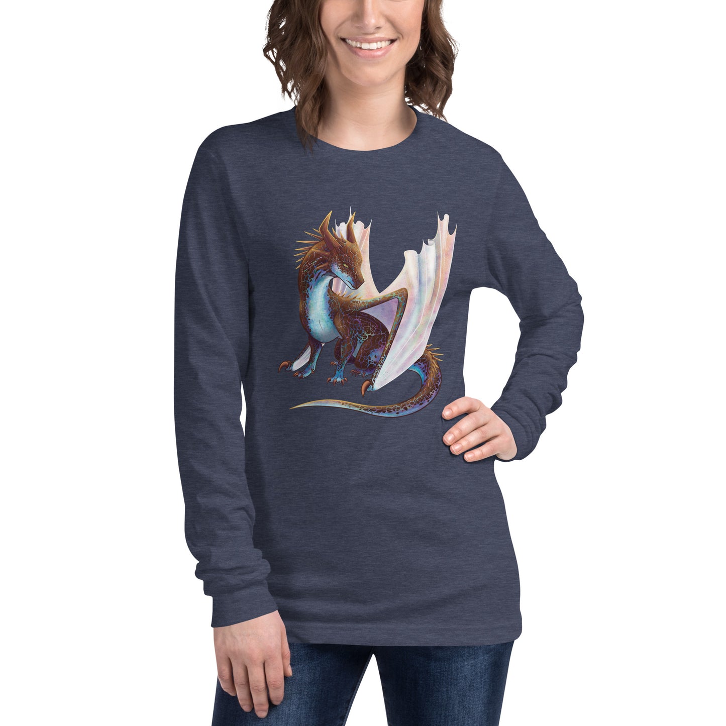 Unisex, heather navy blue in color adult long sleeve shirt featuring a sitting, side profile of a dragon that has the features of a boulder opal with hues of blue, green, purple, and pink on the underbelly and cracks of the rough, brown hue, rock scales. The wings are tucked back and are of an iridescent shimmery hue