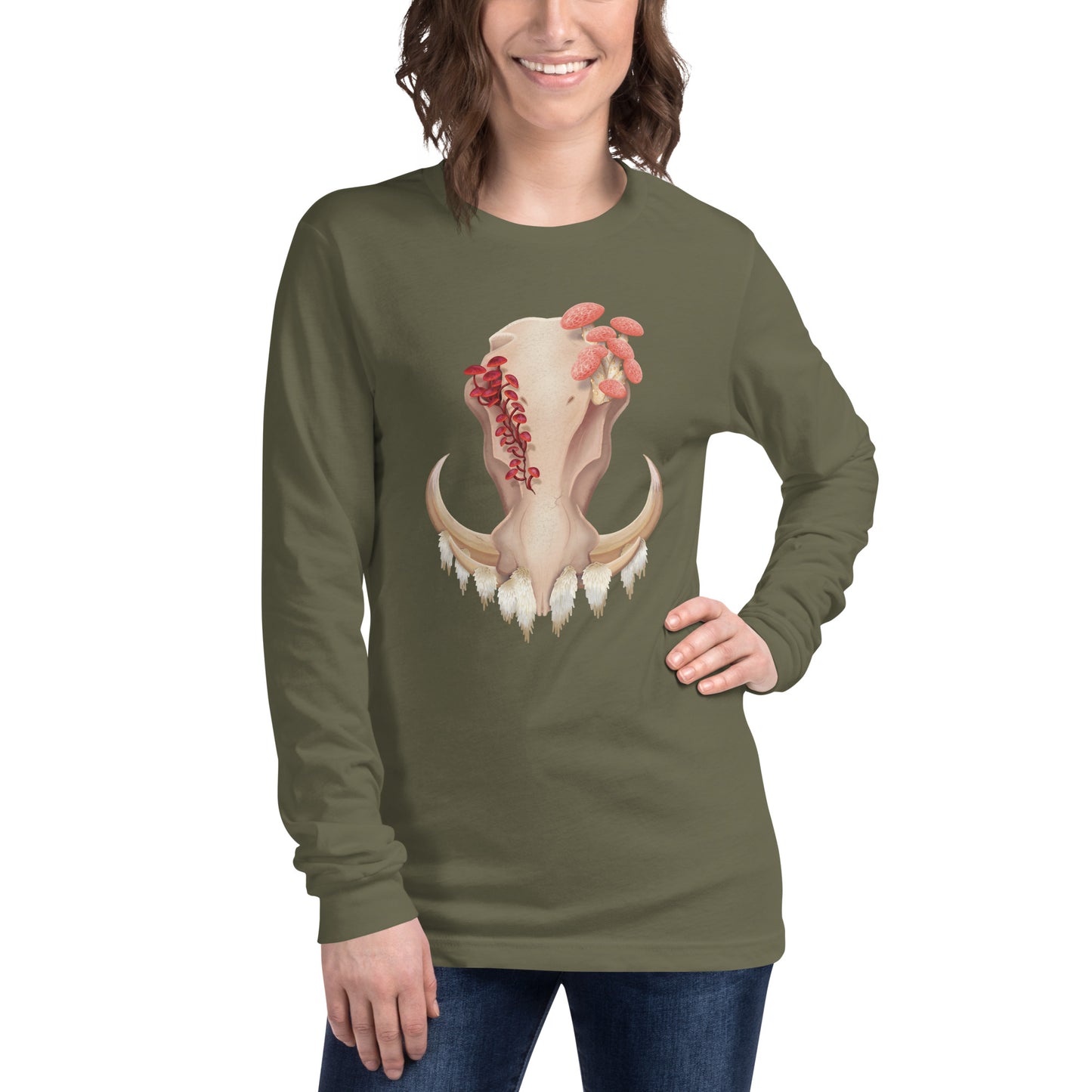An adult wearing a military green colored, unisex, long sleeve shirt featuring a front facing warthog skull with 3 different kinds of fungi growing out of it