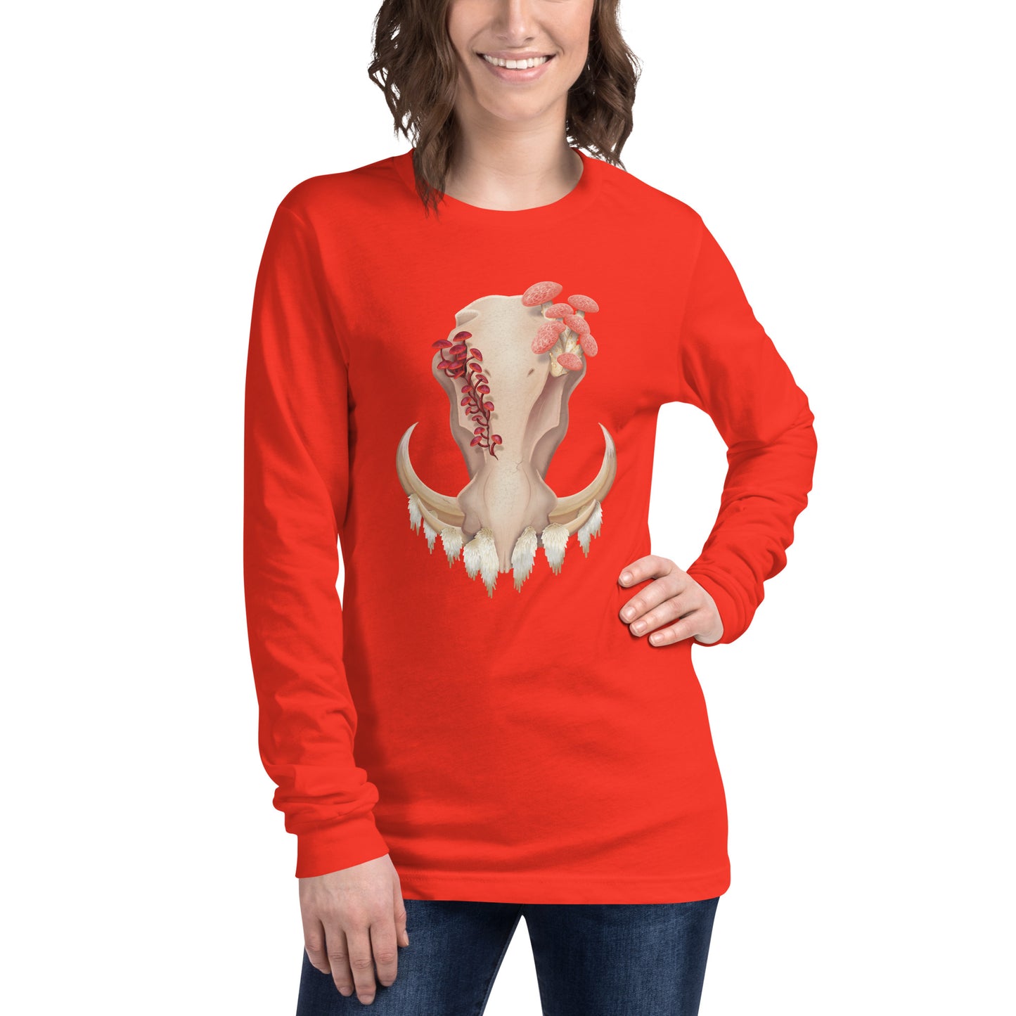 An adult wearing a bright red colored, unisex, long sleeve shirt featuring a front facing warthog skull with 3 different kinds of fungi growing out of it