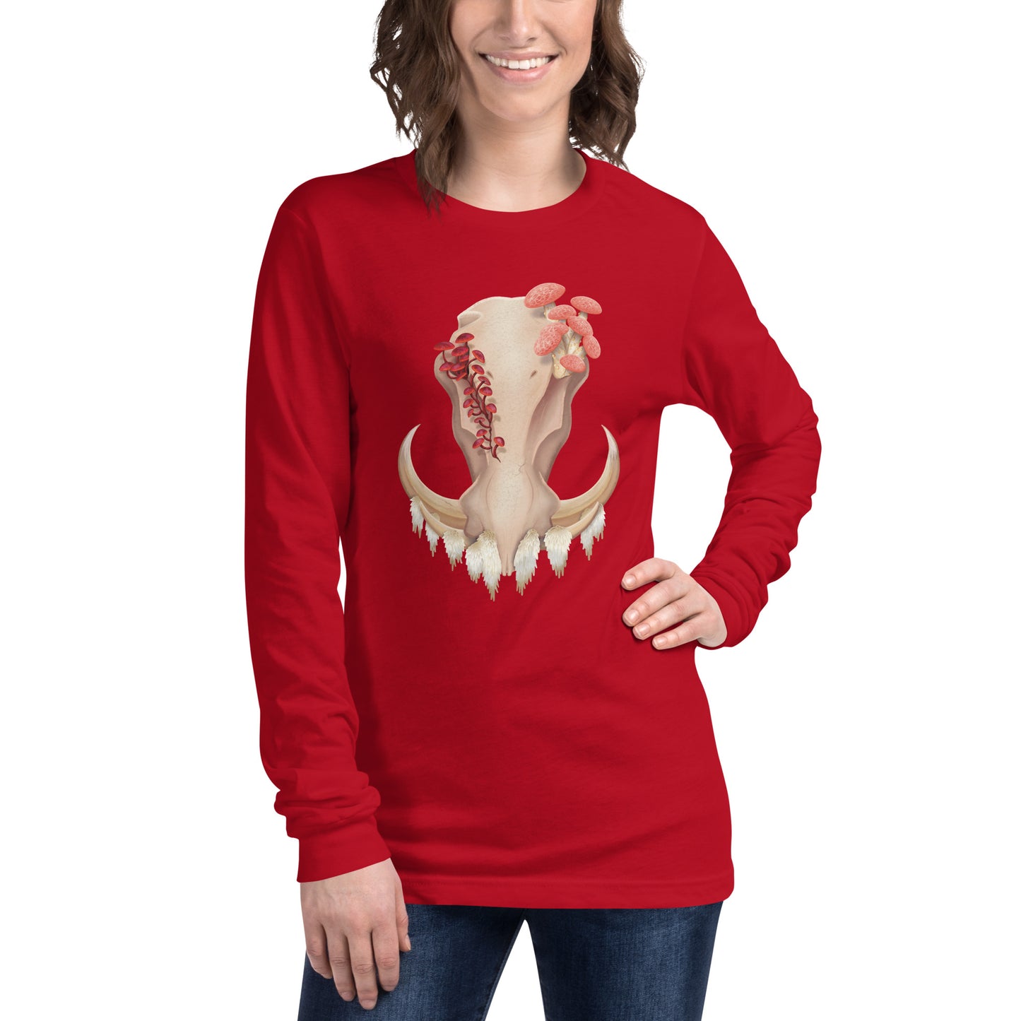 An adult wearing a red, unisex, long sleeve shirt featuring a front facing warthog skull with 3 different kinds of fungi growing out of it