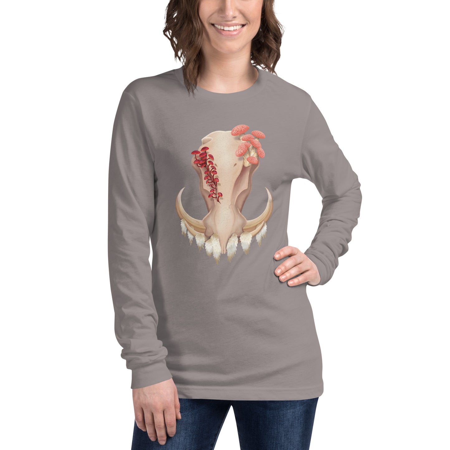 An adult wearing a medium grey colored, unisex, long sleeve shirt featuring a front facing warthog skull with 3 different kinds of fungi growing out of it