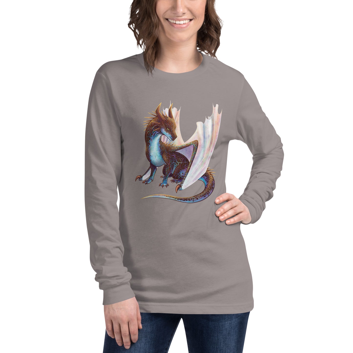 Unisex, medium grey in color adult long sleeve shirt featuring a sitting, side profile of a dragon that has the features of a boulder opal with hues of blue, green, purple, and pink on the underbelly and cracks of the rough, brown hue, rock scales. The wings are tucked back and are of an iridescent shimmery hue