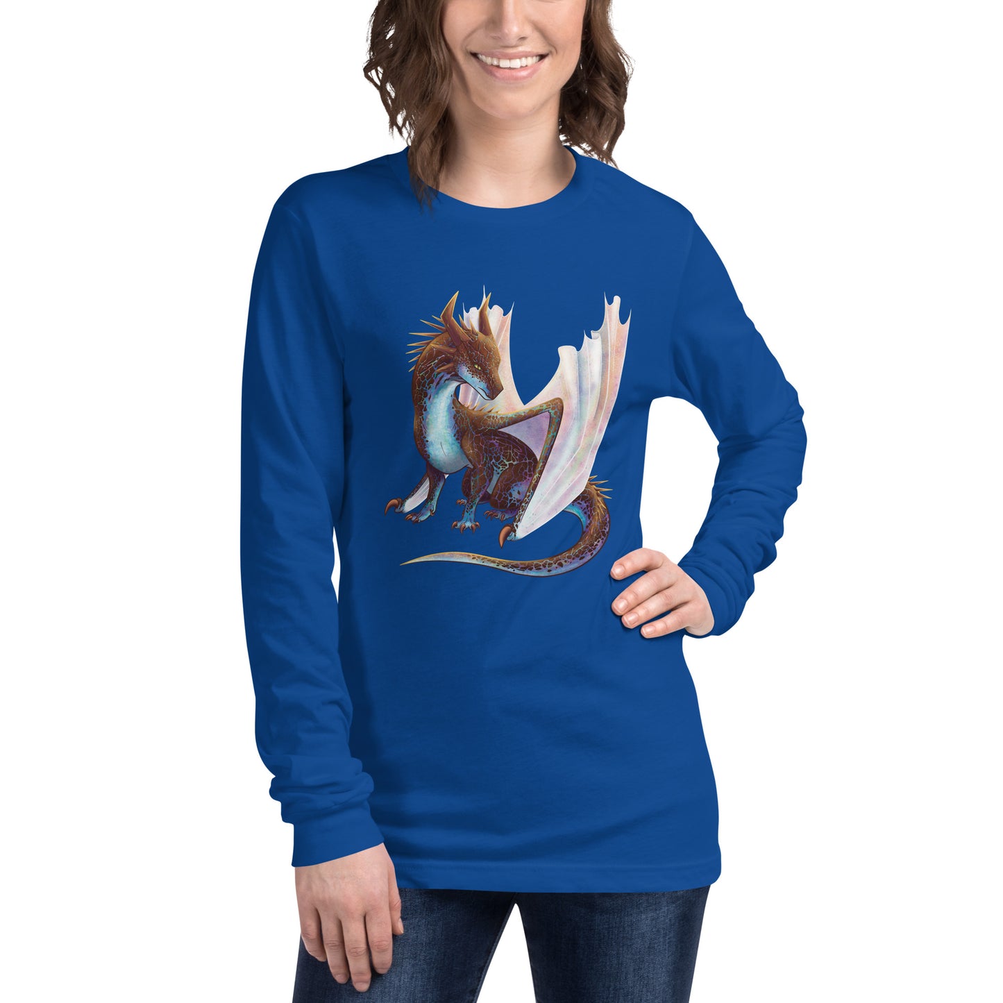 Unisex, royal blue in color adult long sleeve shirt featuring a sitting, side profile of a dragon that has the features of a boulder opal with hues of blue, green, purple, and pink on the underbelly and cracks of the rough, brown hue, rock scales. The wings are tucked back and are of an iridescent shimmery hue