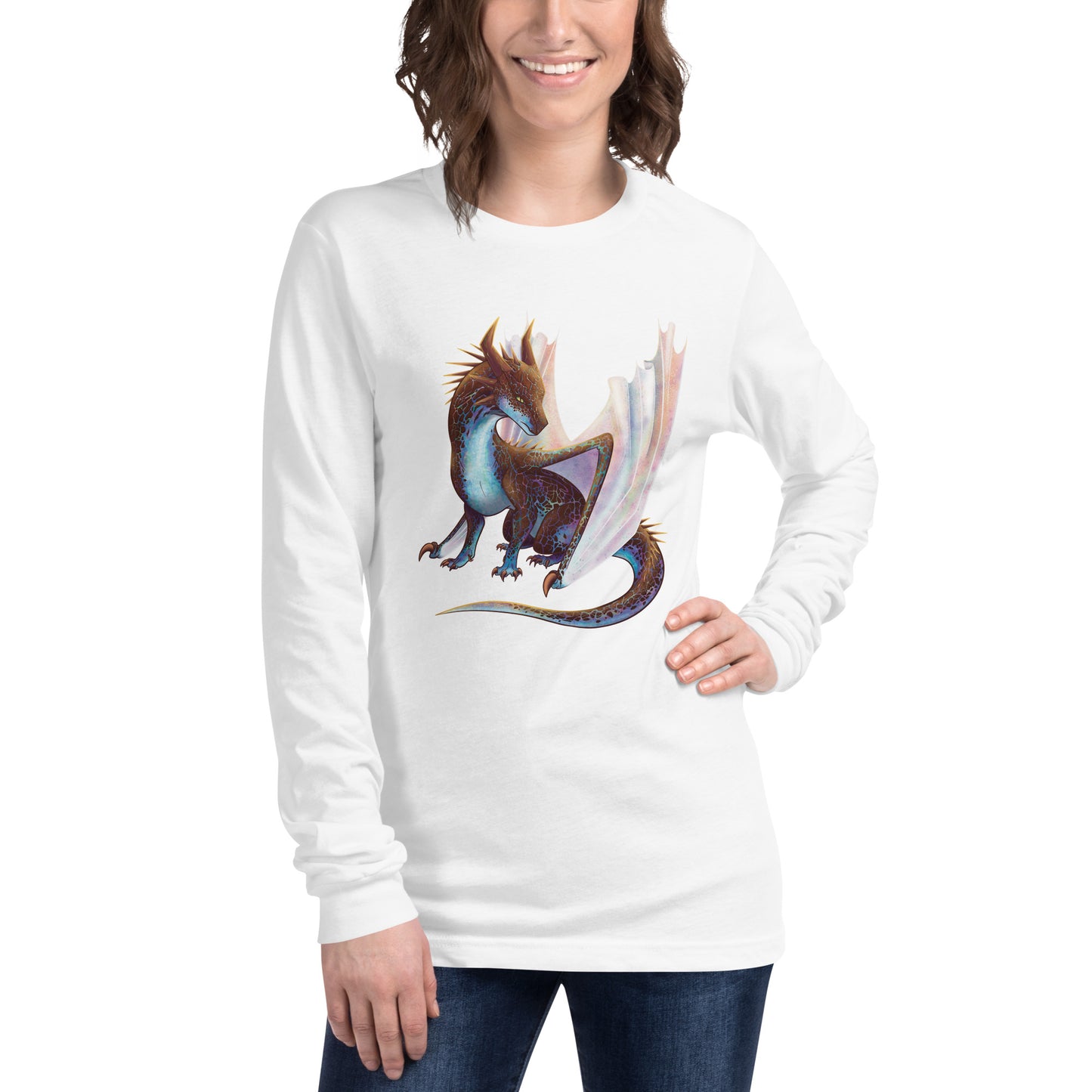 Unisex, white in color adult long sleeve shirt featuring a sitting, side profile of a dragon that has the features of a boulder opal with hues of blue, green, purple, and pink on the underbelly and cracks of the rough, brown hue, rock scales. The wings are tucked back and are of an iridescent shimmery hue