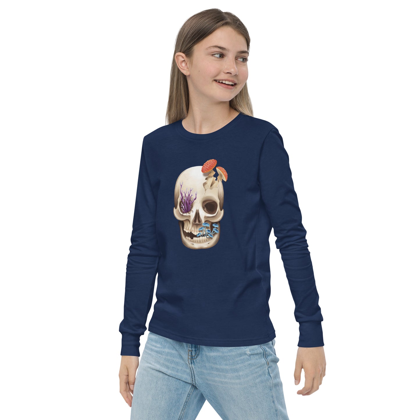 A unisex youth sized, navy blue in color, long sleeve shirt featuring a human skull with various kinds of fungi growing out of it