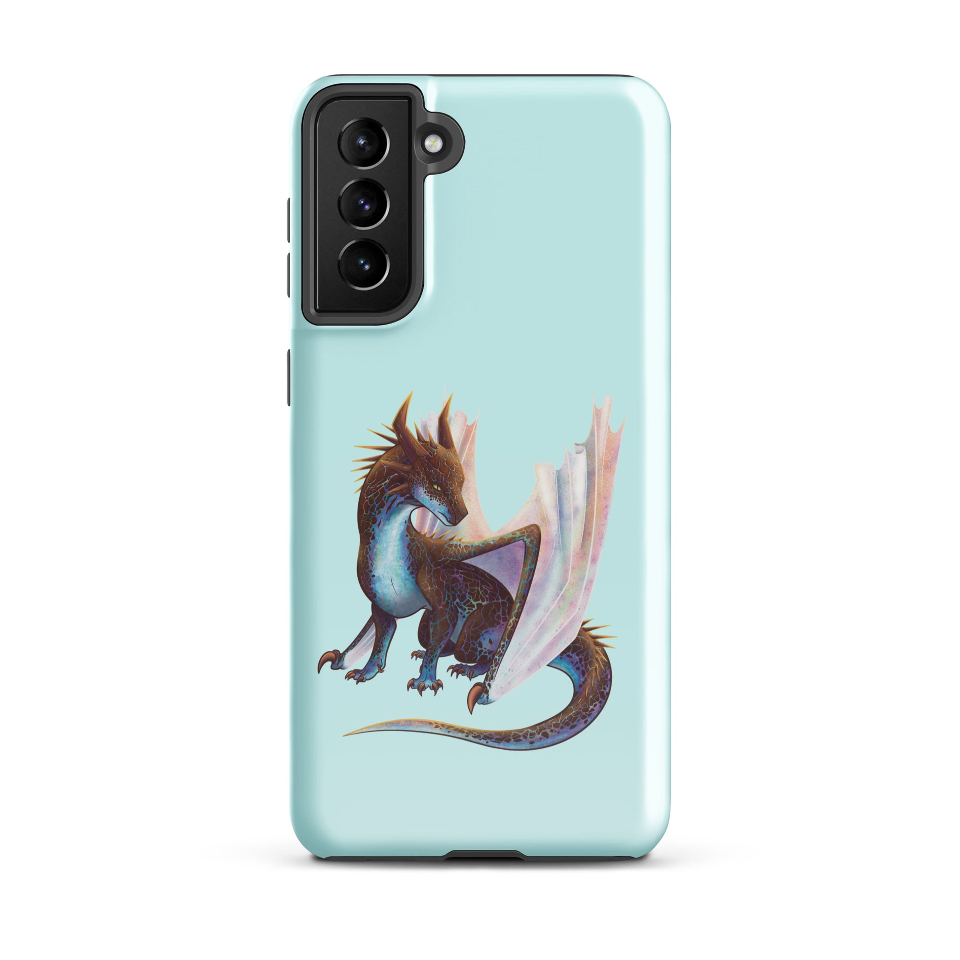 A mint in color tough phone case for a Samsung Galaxy S21 plus with a glossy finish featuring a sitting, side profile of a dragon that has the features of a boulder opal with hues of blue, green, purple, and pink on the underbelly and cracks of the rough, brown hue, rock scales. The wings are tucked back and are of an iridescent shimmery hue