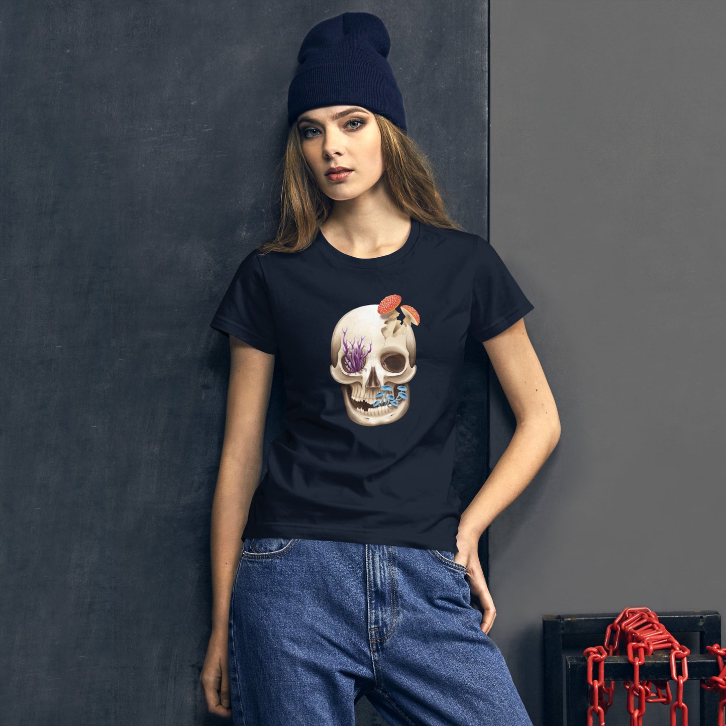 A navy blue woman's fit t shirt featuring a human skull with various kinds of fungi growing out of it